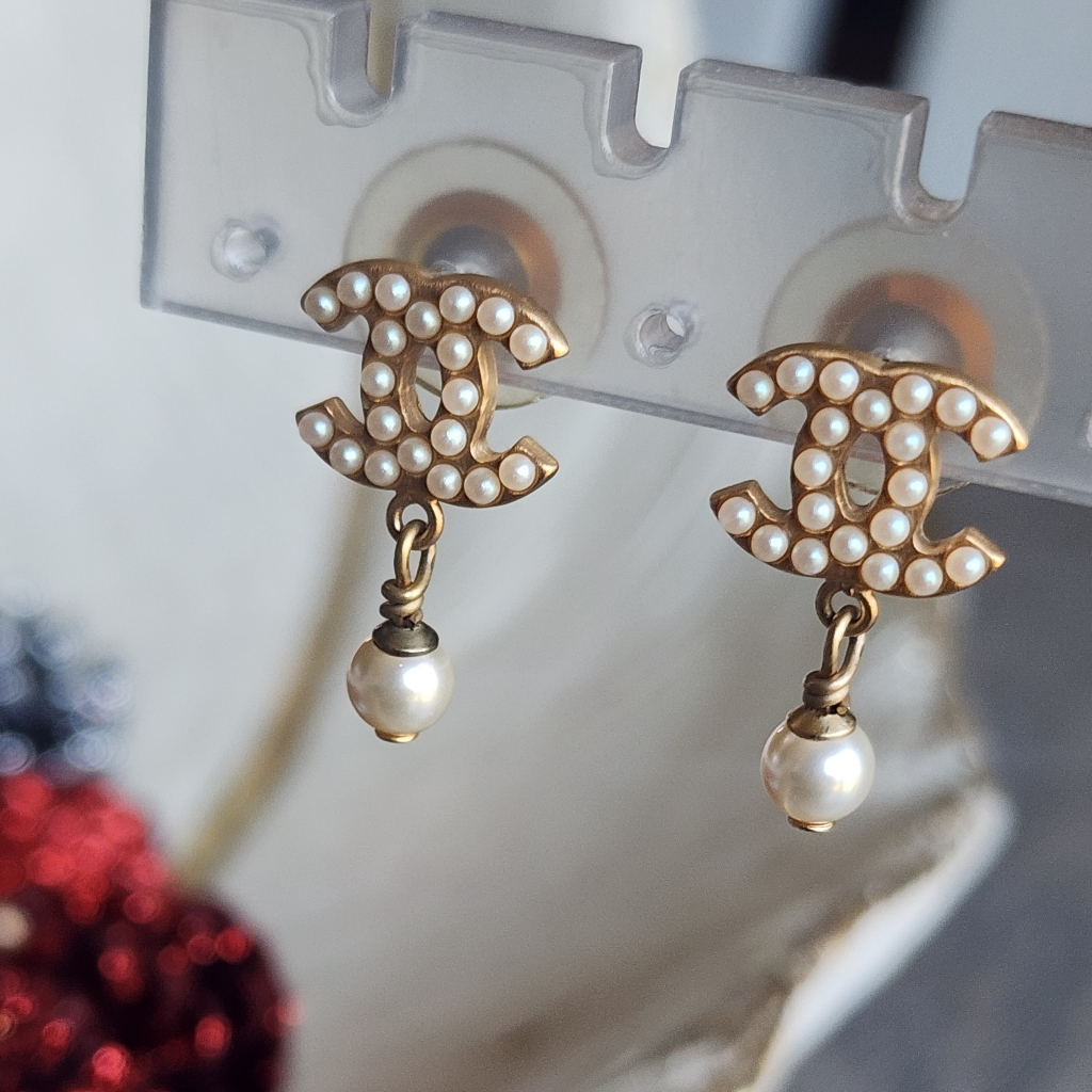 Authentic Chanel Gold-Tone Cc Pearl Drop Earrings - White Pearls
